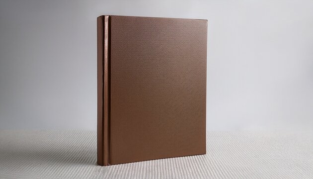 a blank closed hardback book with a textured brown cover stands upright