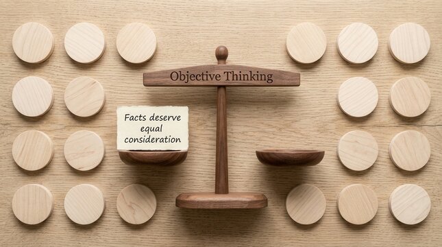 Minimalist wooden balance scale featuring objective thinking text and facts deserve equal consideration notes on desk with round blocks representing fair judgment and logic in the decision processes.
