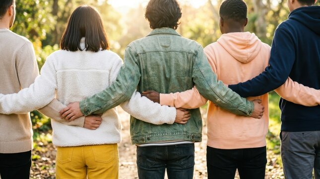 Diverse multiethnic friends standing with arms around each other in a park at sunset, showing unity and support during golden hour. This scene captures companionship and togetherness in sunny nature.