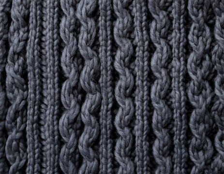 a close up view of a dark gray knitted fabric with a repeating pattern of interlocking loops