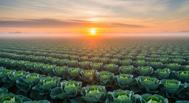 Vast Cabbage Field at Sunrise with Golden Sky and Lush Green Crops.
