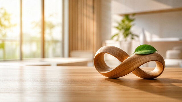 Wooden infinity loop sculpture and a green leaf on a desk, copy space