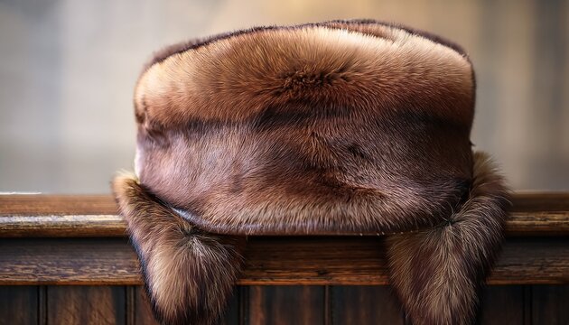 deep brown bearskin ushanka hat resting on a dark wooden coat rack