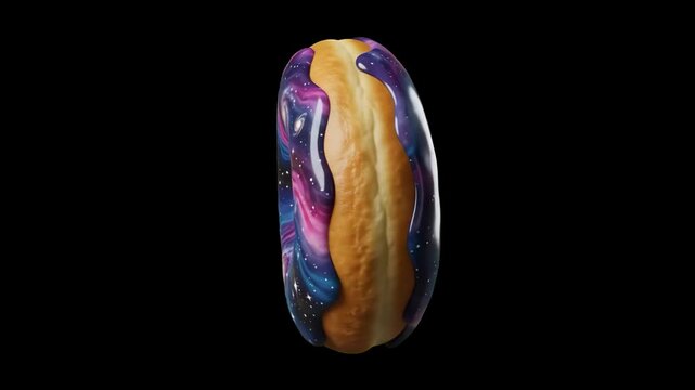A vibrant 3D rendering of a fresh donut decorated with a shiny nebula galaxy glaze, showcasing striking deep purple, magenta, and blue marble icing swirls against a solid black backdrop. Great for cin
