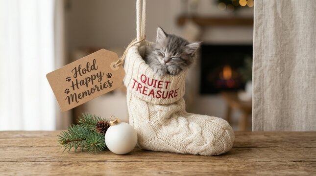Small grey kitten sleeping inside white knit Christmas stocking on rustic wood table with tag and white ball. Perfect for festive holiday cards, winter marketing, and cozy seasonal