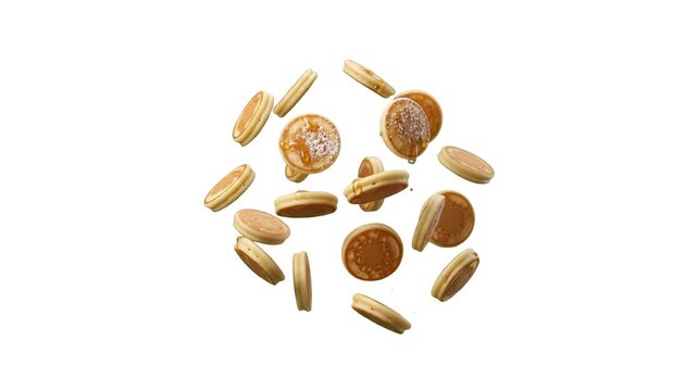 A dynamic arrangement of fresh golden pancakes or round biscuits levitating and rotating against a pure white background. Suitable for restaurant menu displays, breakfast advertising, and culinary med