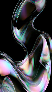 Three-dimensional vertical renders of iridescent glass shapes on a black background