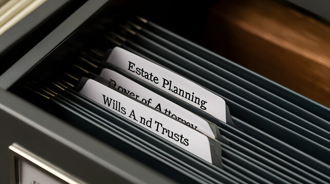 A focused view of a dark filing cabinet drawer holding hanging folders designated for estate planning, power of attorney, and wills and trusts legal