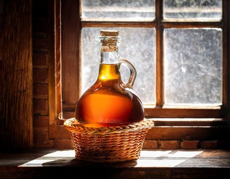 sunlight through a cellar window illuminates an amber filled glass demijohn in a wicker basket