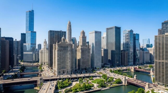 High angle view of Chicago city skyline and river during daytime.