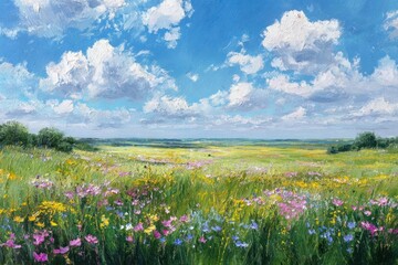 Obraz premium Vibrant wildflower meadow under a bright blue sky.