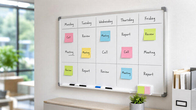 Planning hebdomadaire sur tableau blanc avec notes color&eacute;es
