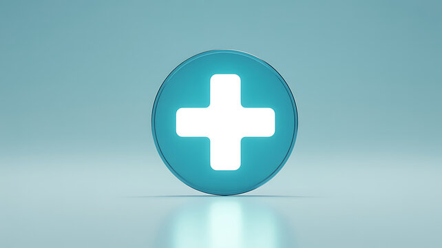 A white plus sign icon is centered on a glossy teal circular button against a soft.