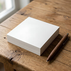 Fototapeta premium Blank White Sticky Notes on Wooden Surface with Pen.