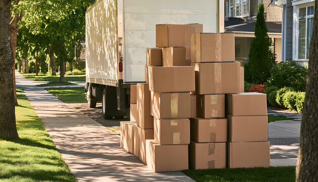 Stacks of cardboard boxes are positioned next to a parked moving truck on a sunny suburban street, while brown parcel containers await loading during residential house relocation