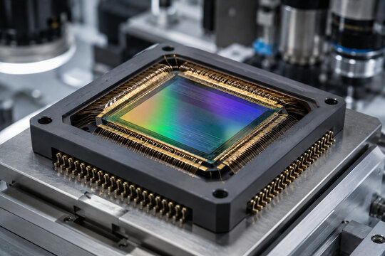 Close-up macro view of a digital image sensor and electronic microchip on a circuit board.