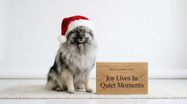 Adorable grey Keeshond dog wearing a festive red Santa Claus hat sitting next to a wooden sign with inspirational quotes, representing the peaceful and simple holiday season moments in a studio setup.