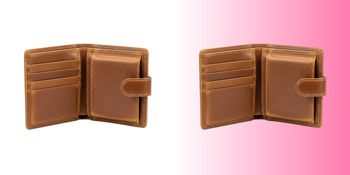 Open empty brown leather wallet isolated on transparent background