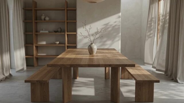 Minimalist Japandi Dining Room with Wooden Table and Shelves, Gentle Shifting Daylight and Curtains Movement, Static Video B-roll
