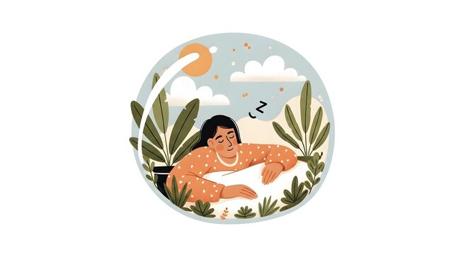 A peaceful illustration of a woman sleeping soundly in a cozy garden setting.