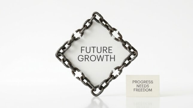 Metaphorical representation of future growth through broken metal chains surrounding a text message while a smaller card states progress needs freedom for success in professional business settings. PS