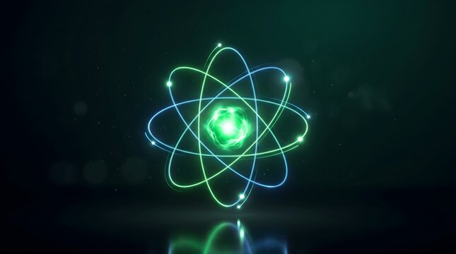 Glowing green atom model representing quantum physics and energy