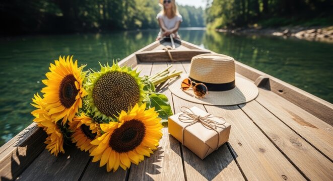 Summer boat ride with sunflowers and gift