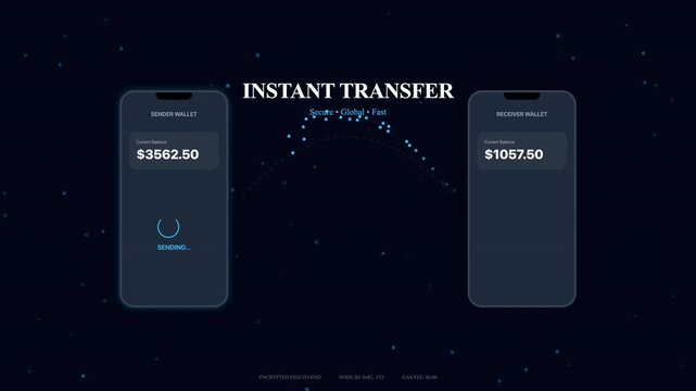 Digital mobile phones illustrating instant transfer with changing balances, ideal for fintech advertising, financial apps and cryptocurrency promotion