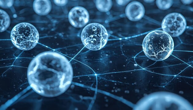 Abstract digital network connection spheres with glowing lines on dark background technology connection communication internet abstract structure information particle computing interaction