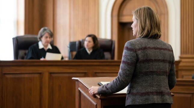 Professional female lawyer standing at a wooden podium presents her legal argument to judges in a formal courtroom setting, representing justice and the judicial process in a modern trial hearing well