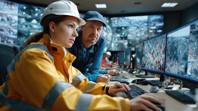 Surveillance Team at Work: Two security professionals, one in a hard hat and safety jacket, intently monitor multiple screens displaying surveillance feeds in a control room.
