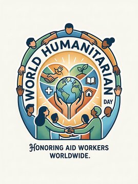 Global unity emblem for world humanitarian day honoring aid workers