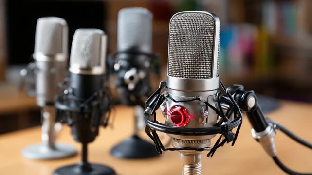Microphones for Recording: A collection of various microphones, including vintage and modern styles, are set up for audio recording, hinting at a podcast or studio session.
