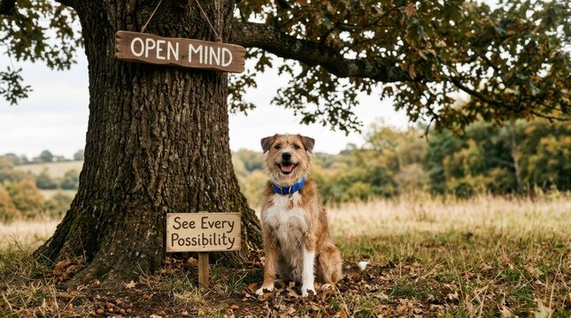 Happy brown dog sits under an oak tree with wooden signs saying Open Mind and See Every Possibility in rural autumn field. This cute pet represents inspiration, positive thoughts, and great potential.