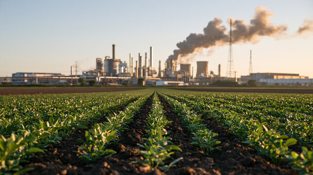 Environmental Contrast View of Green Crop Rows Leading Toward a Smoking Industrial Factory Across a Flat Agricultural Landscape
