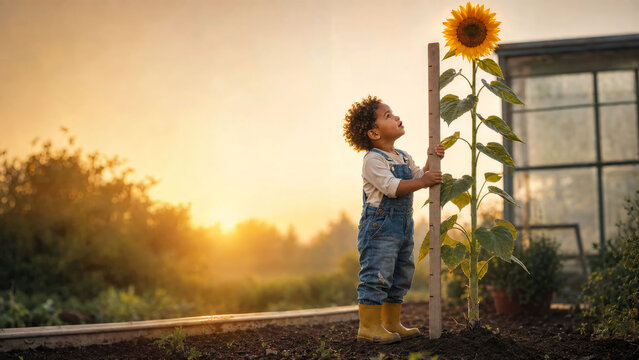 Growing Together: Curious Toddler Measuring a Giant Sunflower in a Garden, Symbolizing Childhood Development, Education and a Sustainable Future