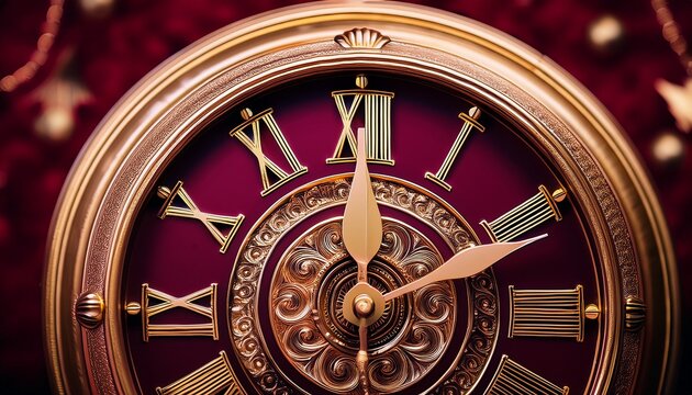 close up of an elegant antique clock with intricate gold hands on a burgundy background