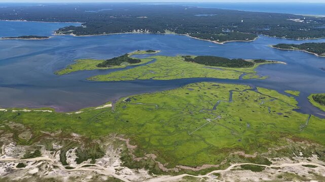 An extensive salt marsh is seen from a bird's eye view in Pleasant Bay, Cape Cod. Marshes provide critical habitat for many birds, fish, and marine invertebrates to feed, mate, and nest.