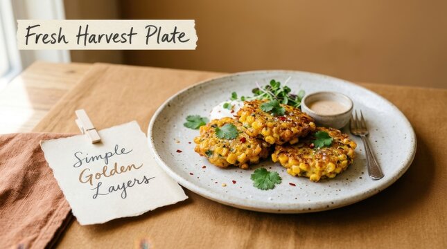 Golden fried corn fritters served on a speckled plate with fresh herbs and dipping sauce on a rustic linen background, showcasing a healthy and delicious homemade vegetarian meal for any time of day..