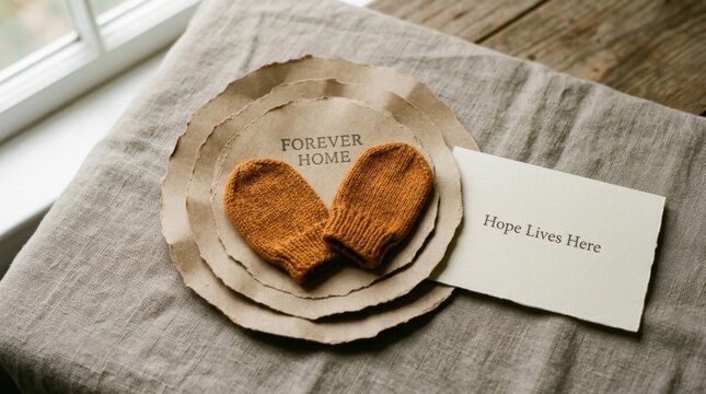 Small orange knitted baby mittens placed on circular torn paper with forever home text and a hope lives here card on grey linen fabric, perfect for adoption announcements and foster care themes here.