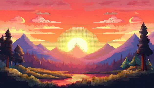pixel art landscape with sun rising over mountains and forests serene nature vista digital art style