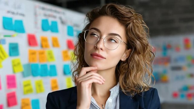 Thoughtful Entrepreneur: A focused businesswoman with glasses contemplates her next move, her gaze directed upward as she stands before a vibrant wall adorned with colorful sticky notes.