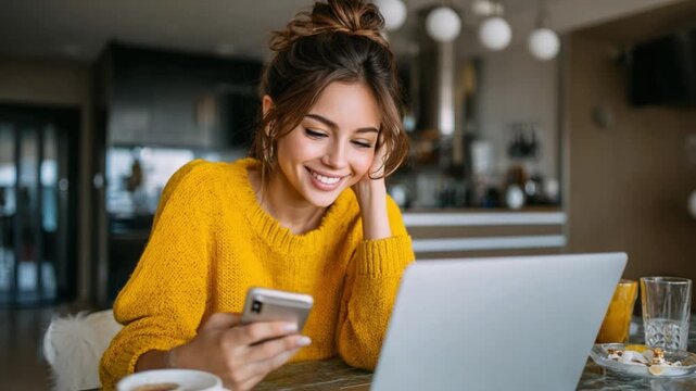 Happy Young Woman Working Remotely: A smiling young woman with her hair in a bun, wearing a yellow sweater, is engrossed in her smartphone while sitting at a table with a laptop.