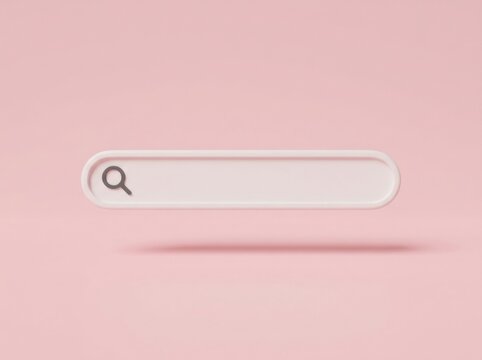 Minimalist 3D search bar icon with magnifying glass floating over a soft pink background for web design concept
