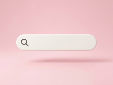 Detailed 3D White Search Bar Interface with Magnifying Glass Icon Floating on a Soft Pastel Pink Studio Background