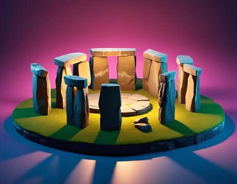 Isometric 3D stylized illustration of Stonehenge megaliths glowing in evening light
