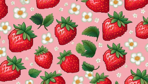 seamless pixel art pattern of red strawberries green leaves and white flowers on a light pink background cute summer fruit design playful and fresh