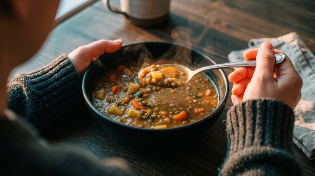 Hand lifting spoonful of hot lentil vegetable soup from bowl on rustic wooden table for healthy winter meal and comfort food marketing