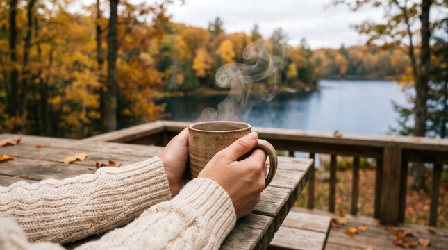 Hands in Cable Knit Sweater Holding Steaming Mug on Wooden Deck Overlooking Autumn Lake and Forest for Cozy Seasonal Lifestyle Marketing