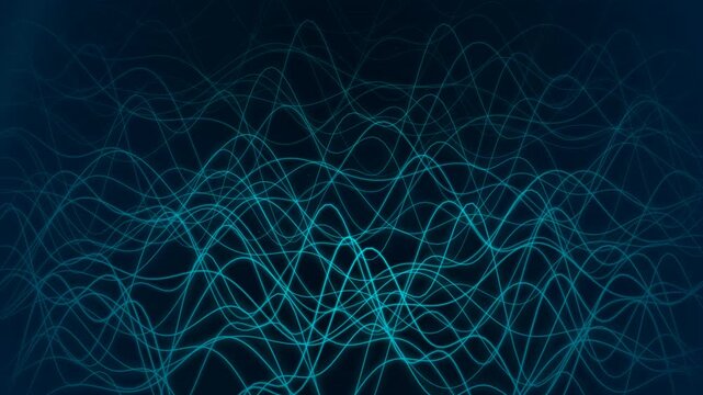 Dynamic cyan wavy lines forming an intricate digital network on dark background, perfect for technology presentations, data visualization and modern abstract backdrops